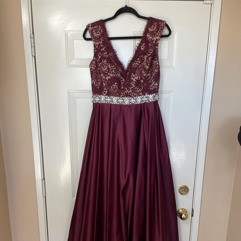 Jovani Wine Colored Satin Ballgown